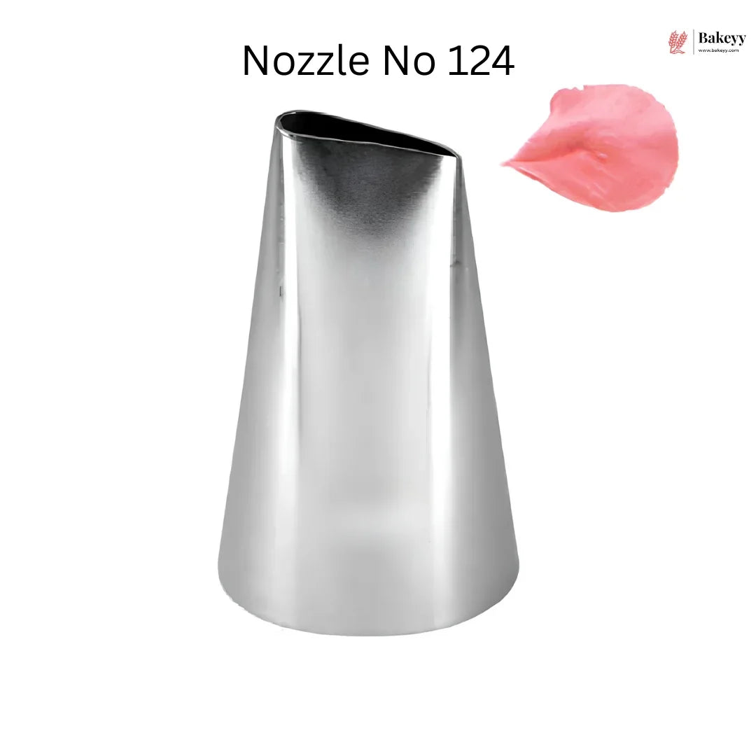 Metallic cake decorating nozzle with pink frosting sample on a white background