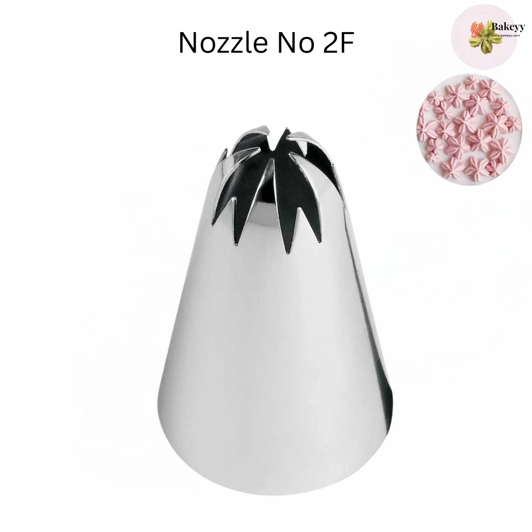 Metal pastry tip nozzle labeled 'Nozzle No 2F' with a sample of decorated cake on a white background.