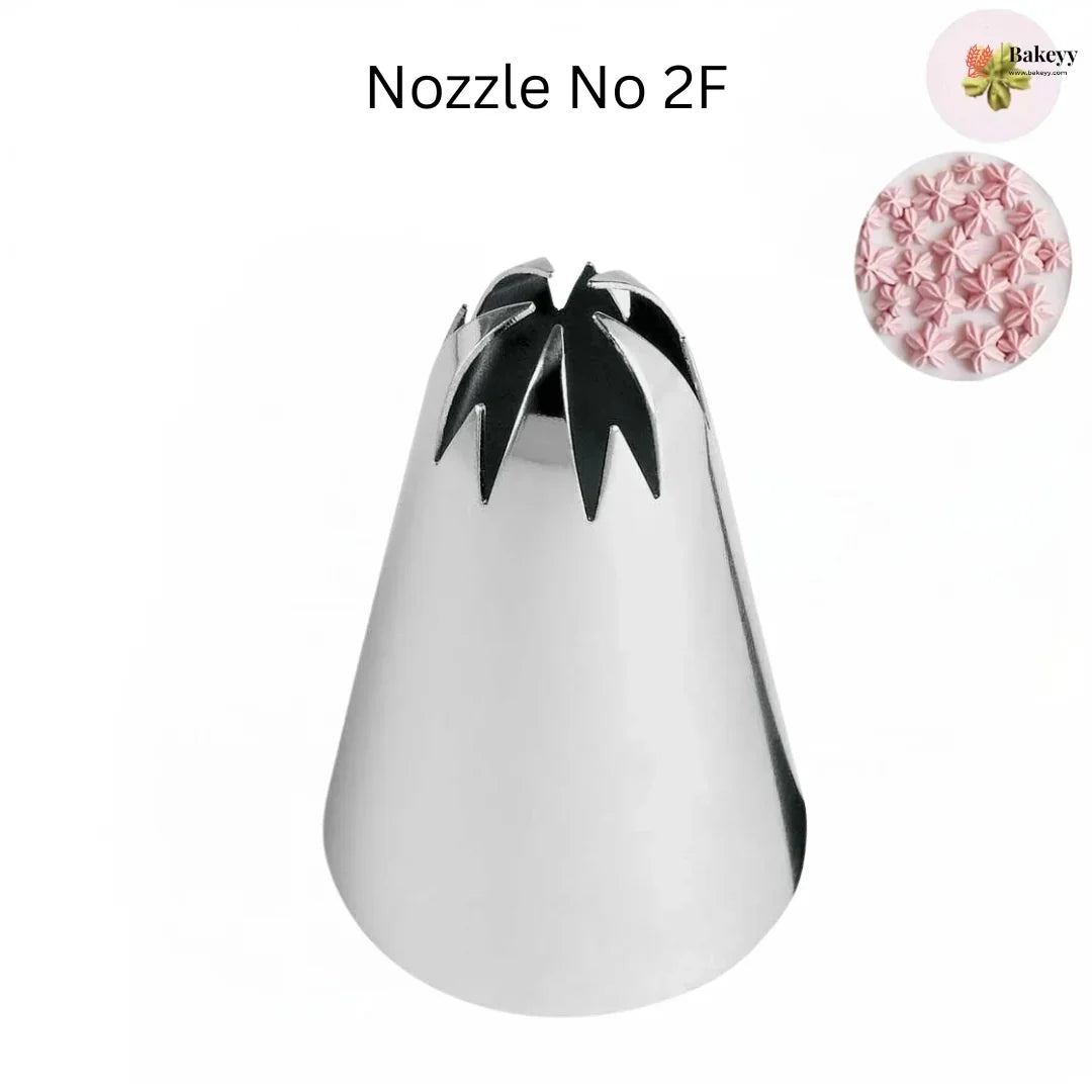 Metal pastry tip nozzle labeled 'Nozzle No 2F' with a sample of decorated cake on a white background.