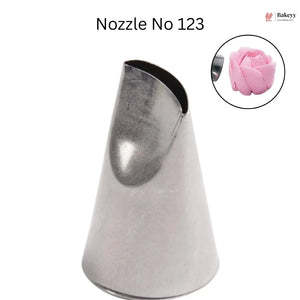 Metallic rose-shaped icing nozzle with a close-up inset of a pink rose on a white background.
