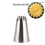 Metallic frosting nozzle with a close-up of a star-shaped icing design on a white background.