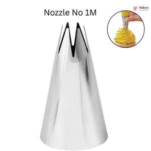 Metal pastry tip with 'Nozzle No 1M' text and a small inset showing its use on a cupcake.