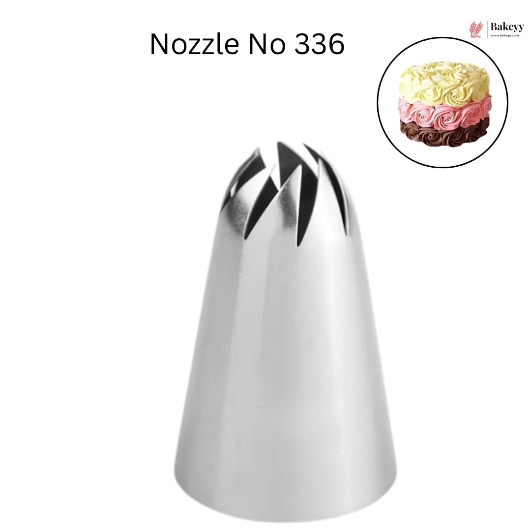 Metallic cake decorating nozzle with 'Bakery' branding and a small inset image of decorated cakes.
