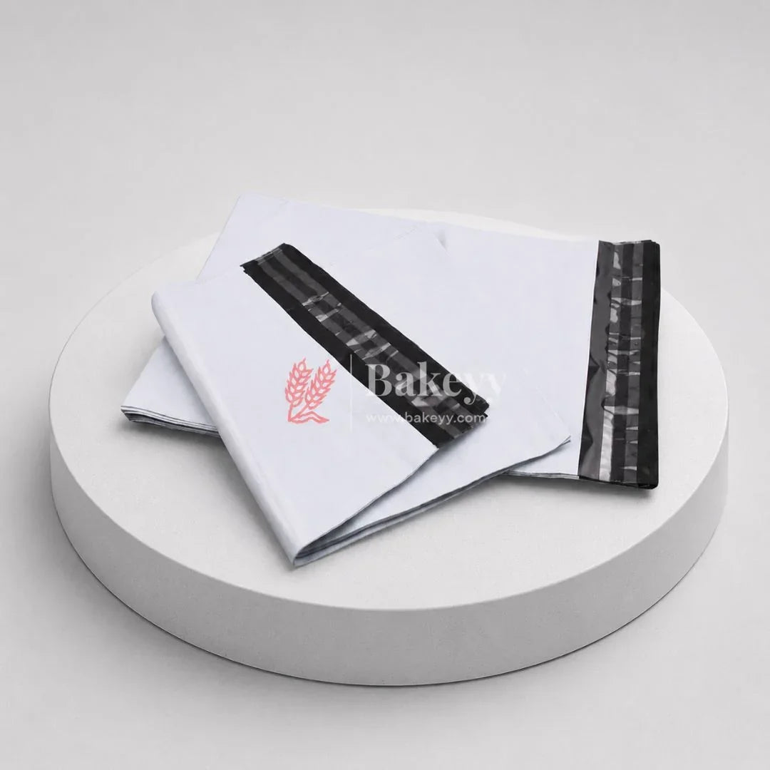 White mailing bag with black strip and red logo on a white platform