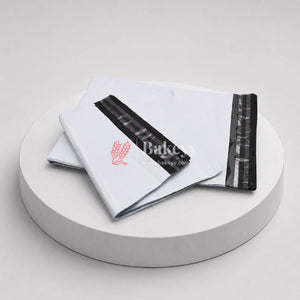 White mailing bag with black strip and red logo on a white platform