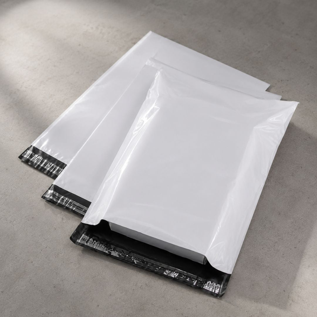White mail envelopes with black sealing strips on a gray surface