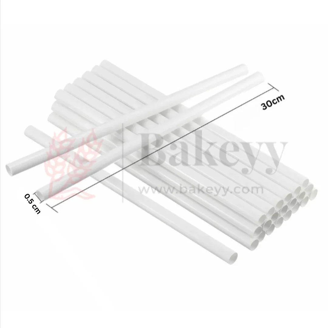 White plastic dowel rods 0.5 cm x 30 cm for cake support, Bakeyy India baking supplies