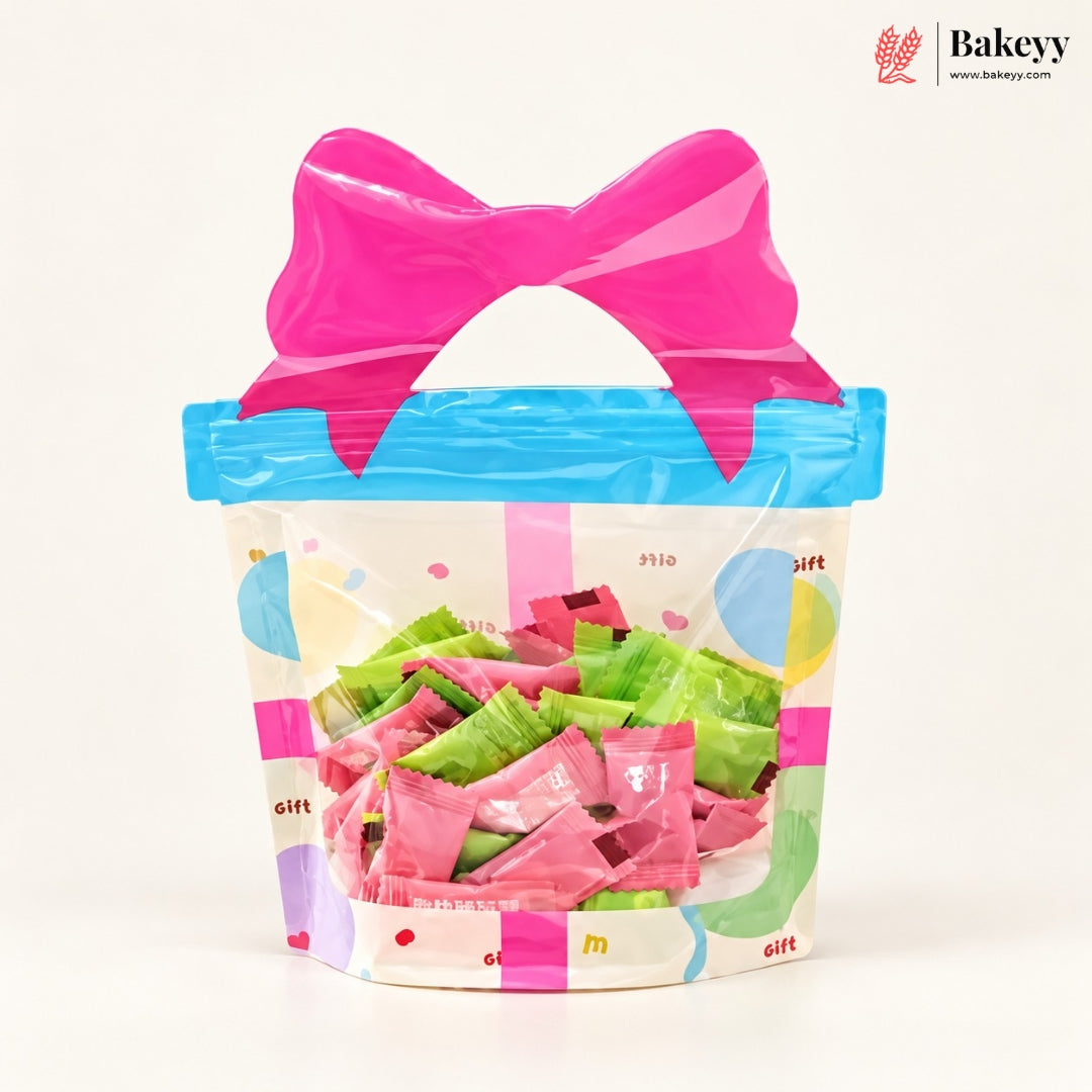 Gift Box Shape Treat Storage Bags with Bow | Fancy Zip Lock Pouches | Pack of 50