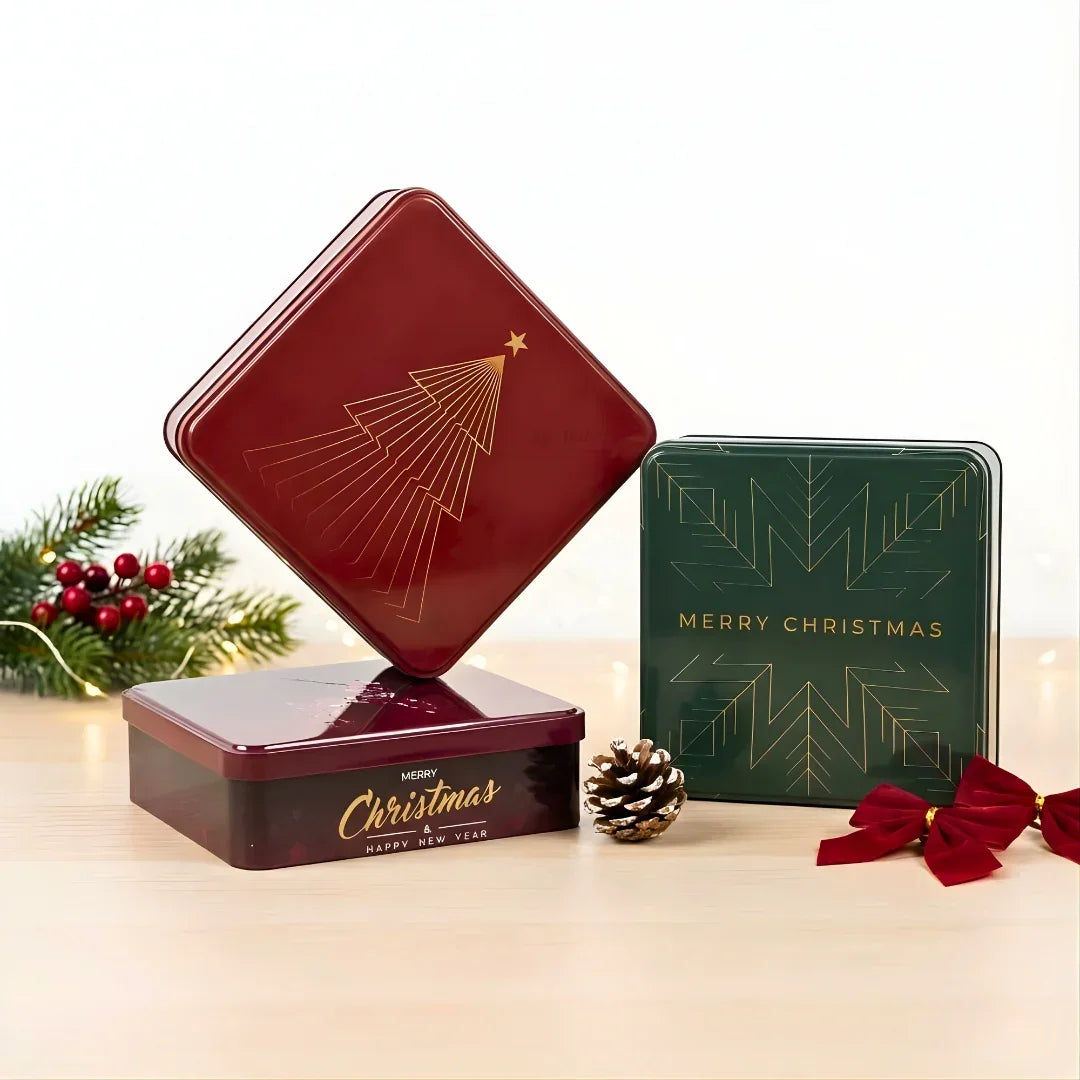 Christmas Empty Plum Cake Tin Box | Square / Rectangle Dream Cake Tin | Pack of 2 - Bakeyy.com - India - Christmas Empty Plum Cake Tin Box | Square / Rectangle Dream Cake Tin | Pack of 2 - 6x6x2 Inch / 500 gram / Red 250.00