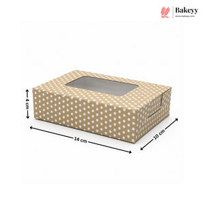 Beige polka dot box with window on a white background, featuring dimensions and the Bakeyy brand.