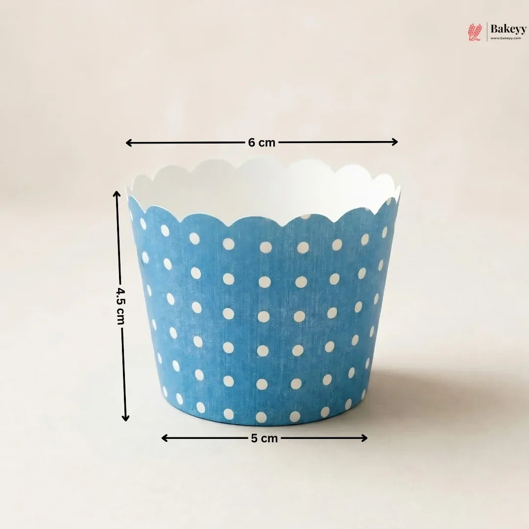 Blue cupcake liner with white polka dots and measurements on a beige background