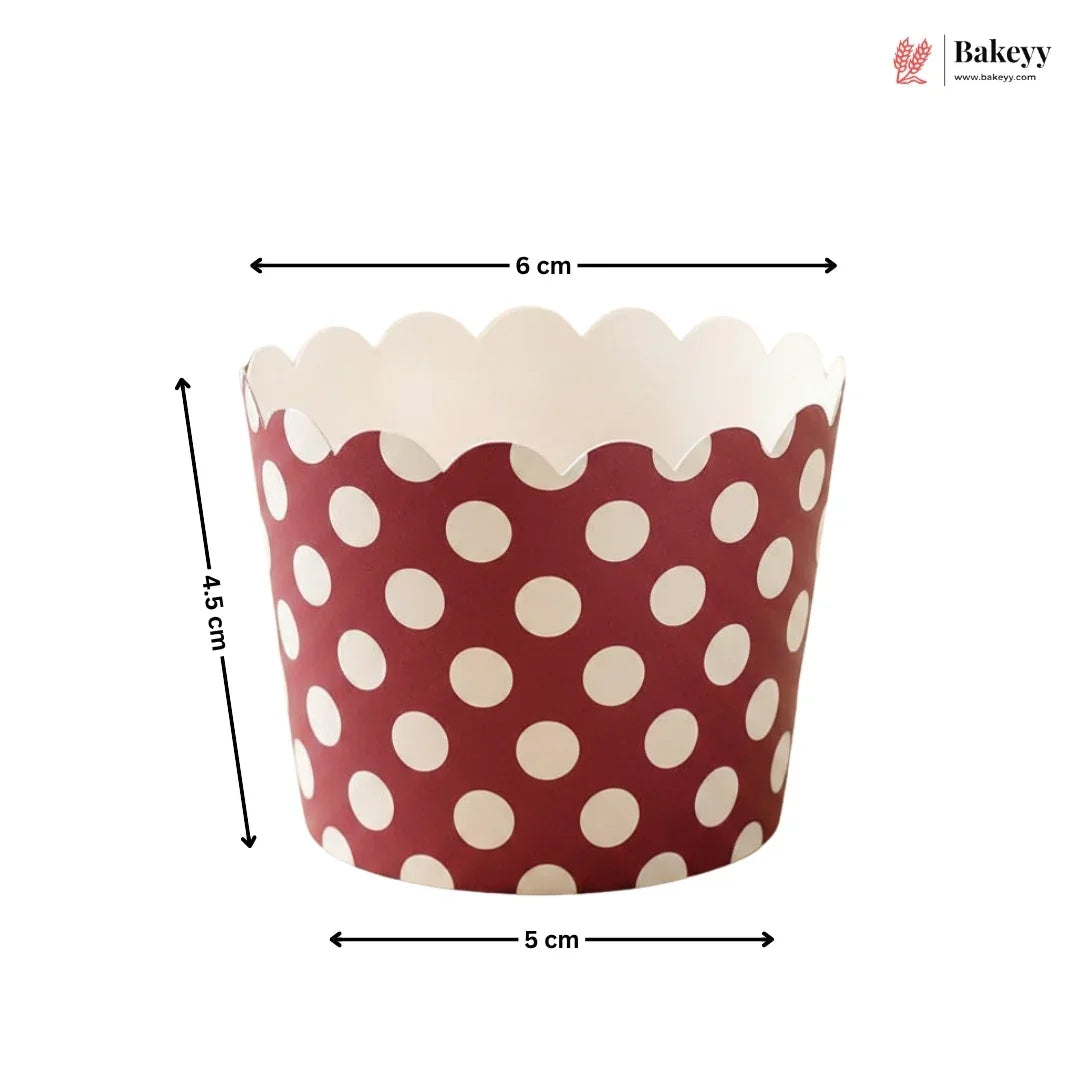 Red and white polka dot cupcake liner with measurements on a white background