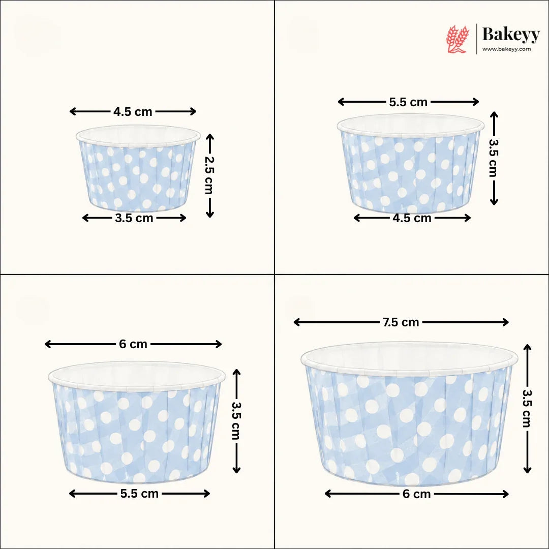Measurement chart of blue polka dot paper cups with dimensions labeled, featuring the Bakeyy brand.