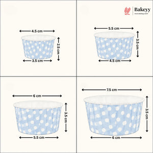 Measurement chart of blue polka dot paper cups with dimensions labeled, featuring the Bakeyy brand.