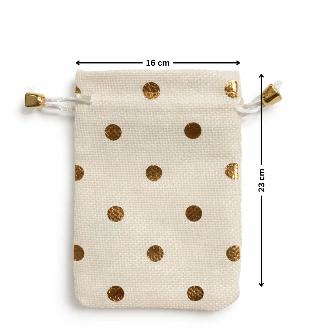 Premium Jute Potli Bags with Gold Print – Festive & Gifting Use | Eco-Friendly Gift Pouches | Pack of 10 - Bakeyy.com - India - Premium Jute Potli Bags with Gold Print – Festive & Gifting Use | Eco-Friendly Gift Pouches | Pack of 10 - Polka Print / 16x23 265.00
