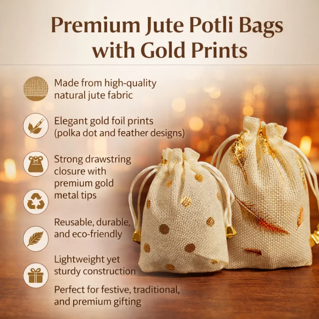 Premium Jute Potli Bags with Gold Print – Festive & Gifting Use | Eco-Friendly Gift Pouches | Pack of 10 - Bakeyy.com - India - Premium Jute Potli Bags with Gold Print – Festive & Gifting Use | Eco-Friendly Gift Pouches | Pack of 10 - Polka Print / 10x14 140.00