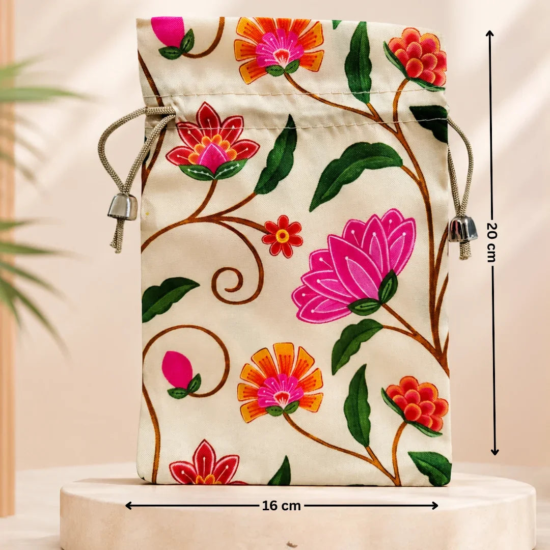 Floral drawstring pouch with measurements on a neutral background