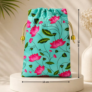 Drawstring bag with pink lotus flowers on a blue background, shown with measurements.