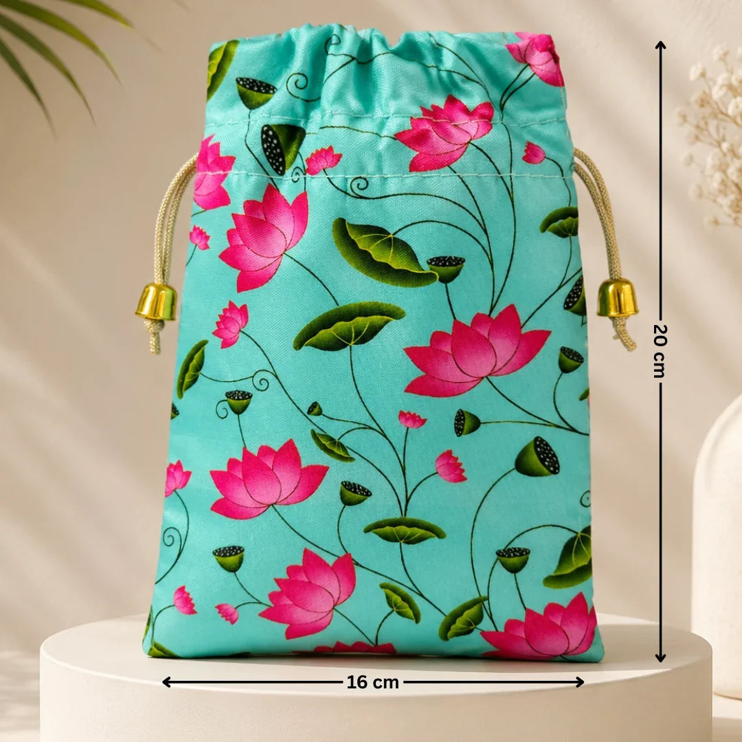 Drawstring bag with pink lotus flowers on a blue background, shown with measurements.
