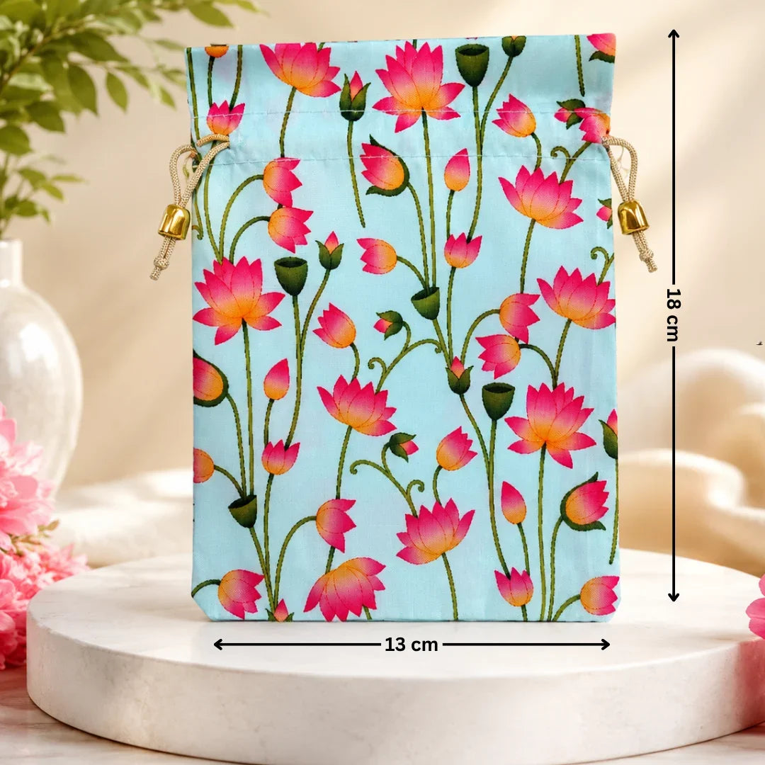 Floral patterned pouch with measurements on a decorative background