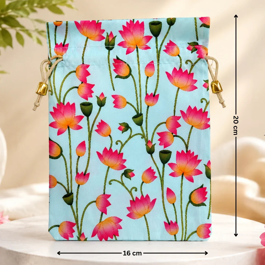 Floral patterned drawstring bag with measurements on a light background