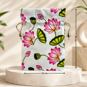 Floral drawstring bag with measurements on a neutral background