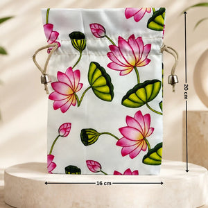 Drawstring bag with pink lotus flower pattern on a white background