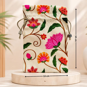 Floral drawstring pouch with measurements on a neutral background