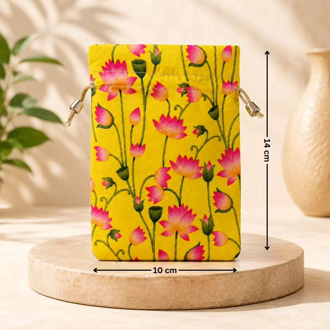 Floral pouch with measurements on a wooden platform