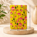 Floral pouch with measurements on a wooden platform