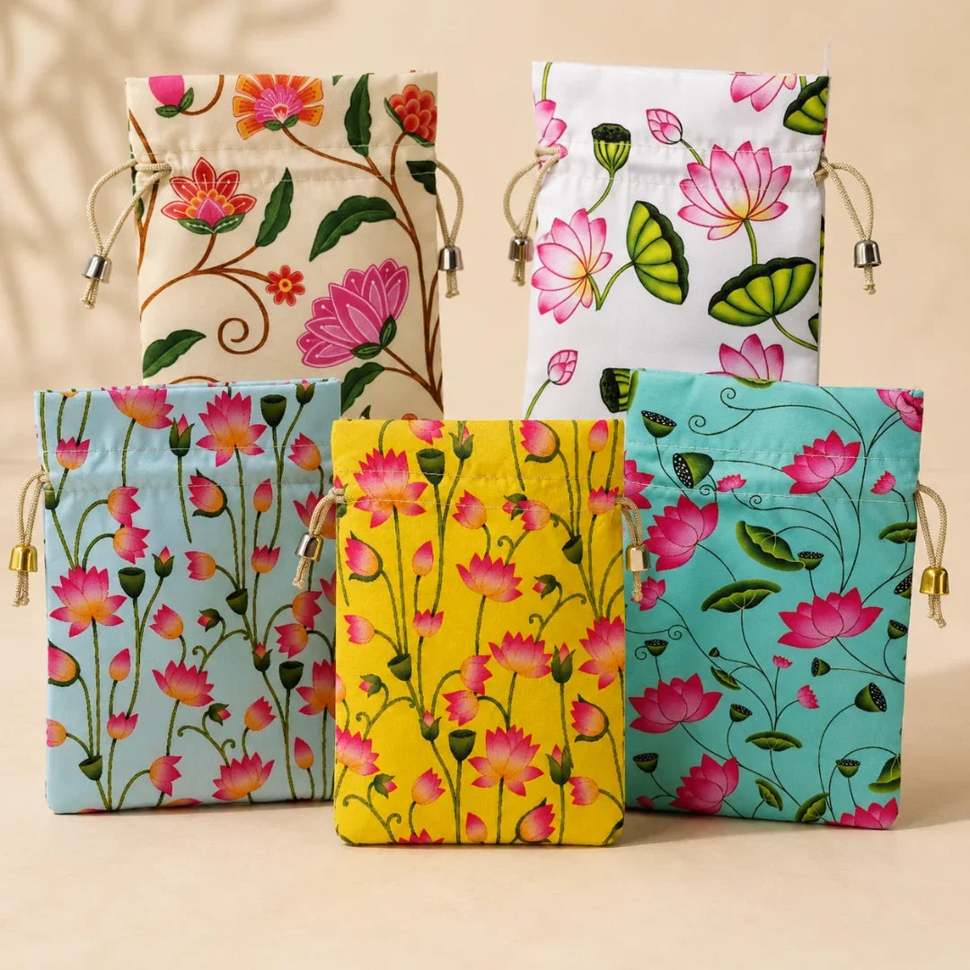 Set of six floral-patterned pouches on a beige background