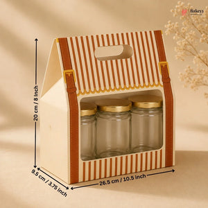 Packaging box with three glass jars and dimensions on a beige background