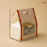 Packaging box with a clear window showing a glass jar, dimensions indicated, on a beige background.