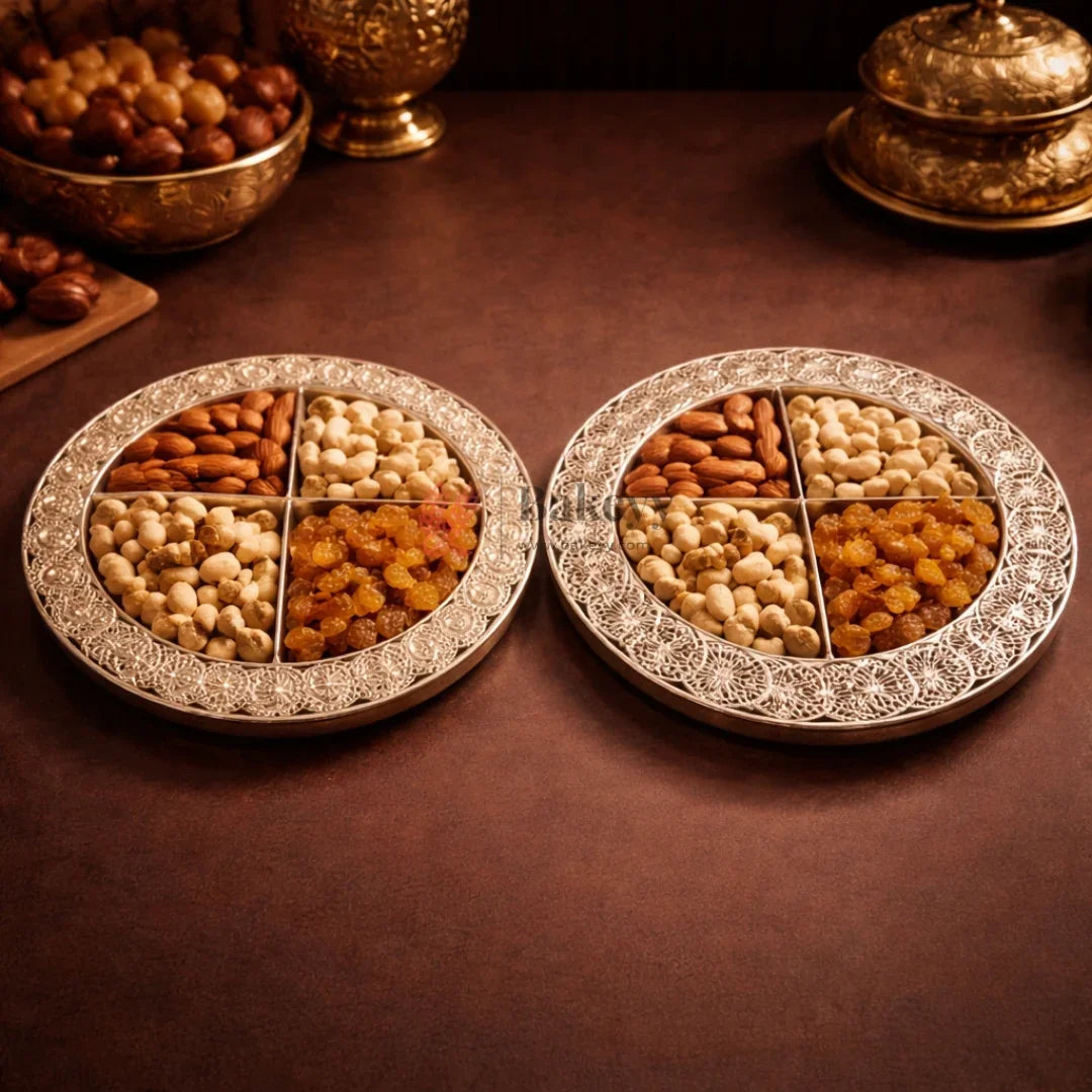 Premium Decorative Dry Fruit Serving Tray | 4-Partition Silver Finish | Pack of 1 - Bakeyy.com - India - Premium Decorative Dry Fruit Serving Tray | 4-Partition Silver Finish | Pack of 1 - Design 1 435.00