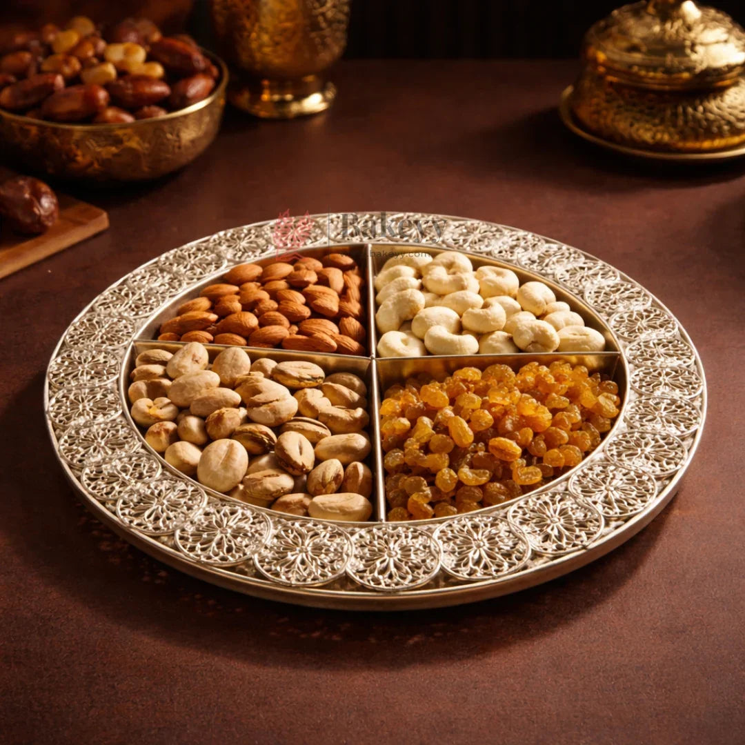 Premium Decorative Dry Fruit Serving Tray | 4-Partition Silver Finish | Pack of 1 - Bakeyy.com - India - Premium Decorative Dry Fruit Serving Tray | 4-Partition Silver Finish | Pack of 1 - Design 1 435.00