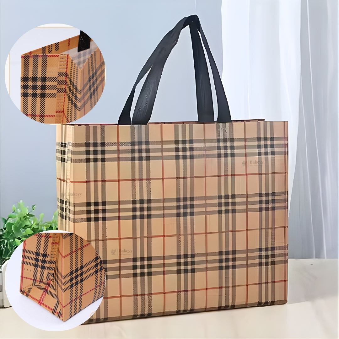 Premium Checkered Laminated Carry Bags | Classic & Tan Plaid 2 Design Design Option | 3 Size Options | Pack of 50
