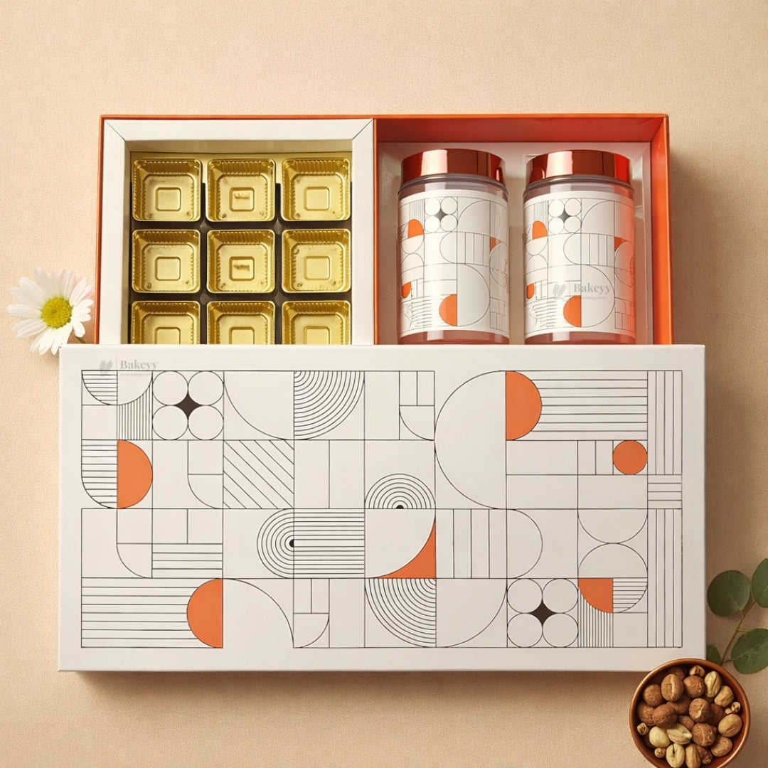 Premium Chocolate & Dry Fruit Hamper Gift Box with Glass Jars | Modern Geometric Design with Gold Embossed Lid | Pack of 1