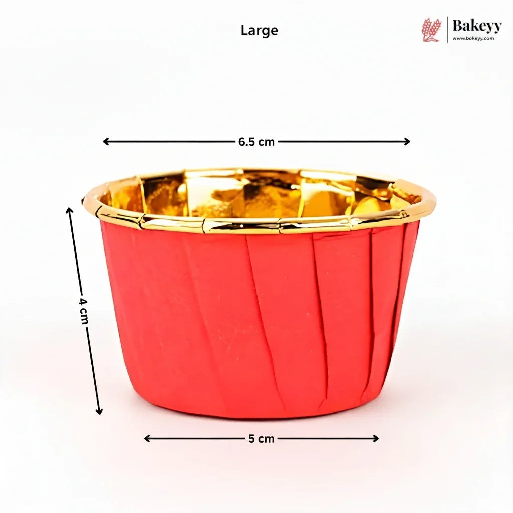 Red cupcake liner with gold rim and measurements on a white background, featuring the Bakey brand.