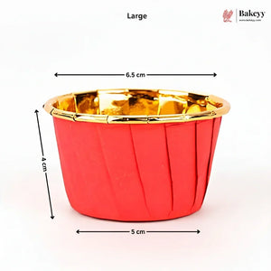 Red cupcake liner with gold rim and measurements on a white background, featuring the Bakey brand.