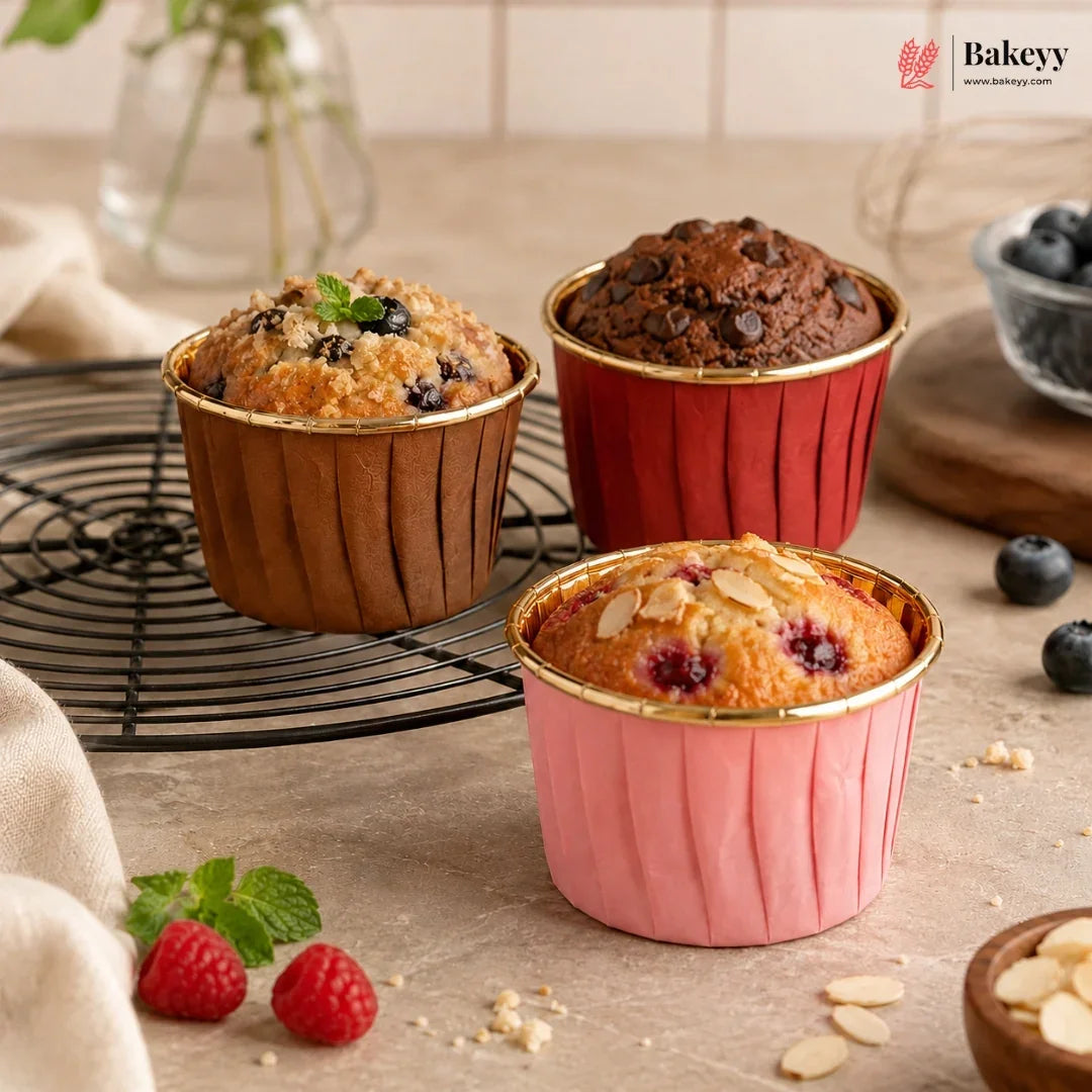 Three muffins in colorful ceramic cups on a wooden surface with berries and nuts.