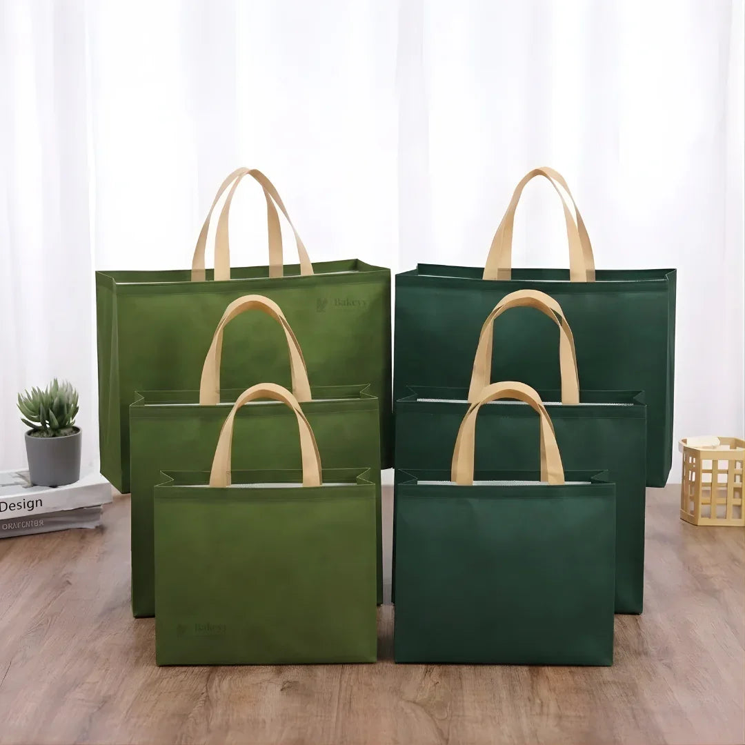 Premium Matte Green Carry Bag with Kraft Handles | Dark Green & Olive Green | 3 Size Options | Pack of 50