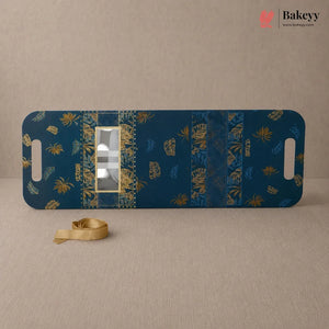 Blue cutting board with gold patterns on a beige background, featuring the Bakeyy brand.