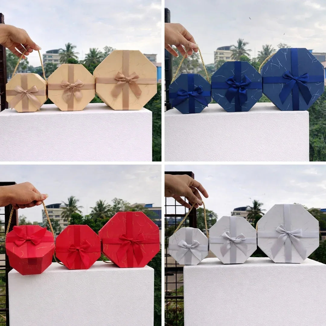 Premium Octagon Rigid Hamper Gift Box with Ribbon & Rope Handle | 3 Sizes | Luxury Packaging Box | Pack of 1 - Bakeyy.com - India - Premium Octagon Rigid Hamper Gift Box with Ribbon & Rope Handle | 3 Sizes | Luxury Packaging Box | Pack of 1 - Red / Small 180.00