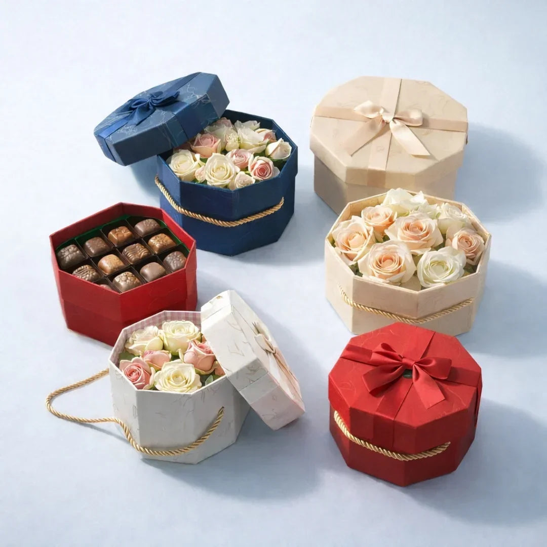 Premium Octagon Rigid Hamper Gift Box with Ribbon & Rope Handle | 3 Sizes | Luxury Packaging Box | Pack of 1 - Bakeyy.com - India - Premium Octagon Rigid Hamper Gift Box with Ribbon & Rope Handle | 3 Sizes | Luxury Packaging Box | Pack of 1 - Red / Small 180.00