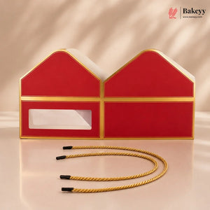 Red and gold headband with a rope on a beige background, featuring the Bakeyy brand.