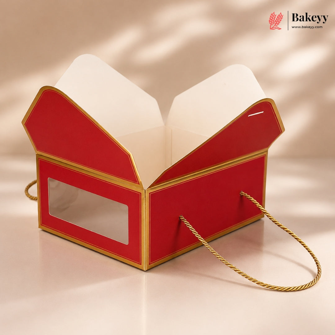 Red and gold box with an open lid on a beige background, featuring the Bakey brand.