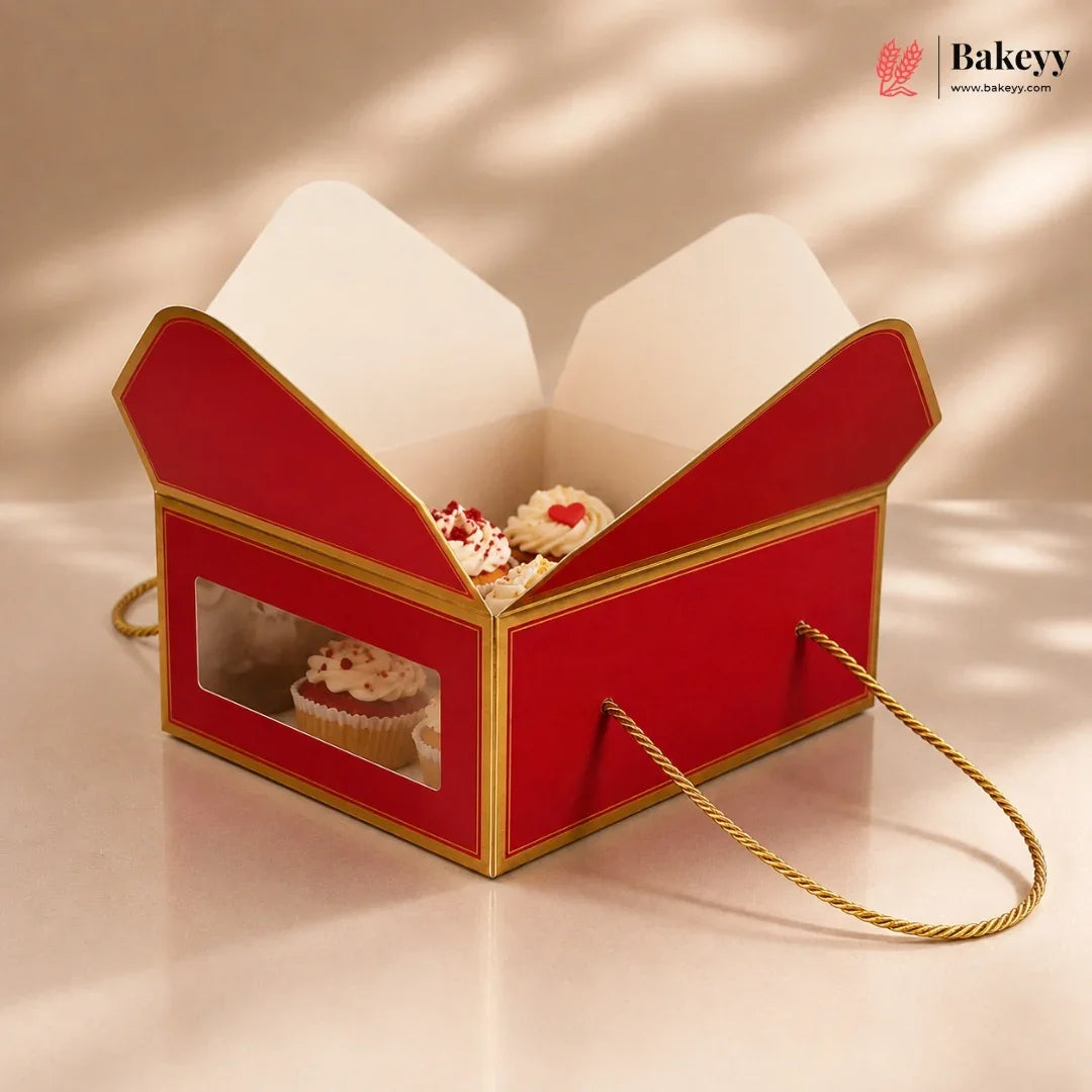 Red and gold gift box with cupcakes on a beige background, featuring the Bakey brand.