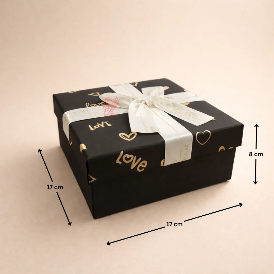 Premium Rigid Gift Box with Satin Ribbon | Black Love Print Hamper Box for Chocolates & Gifting | 3 Sizes Available | pack of 1