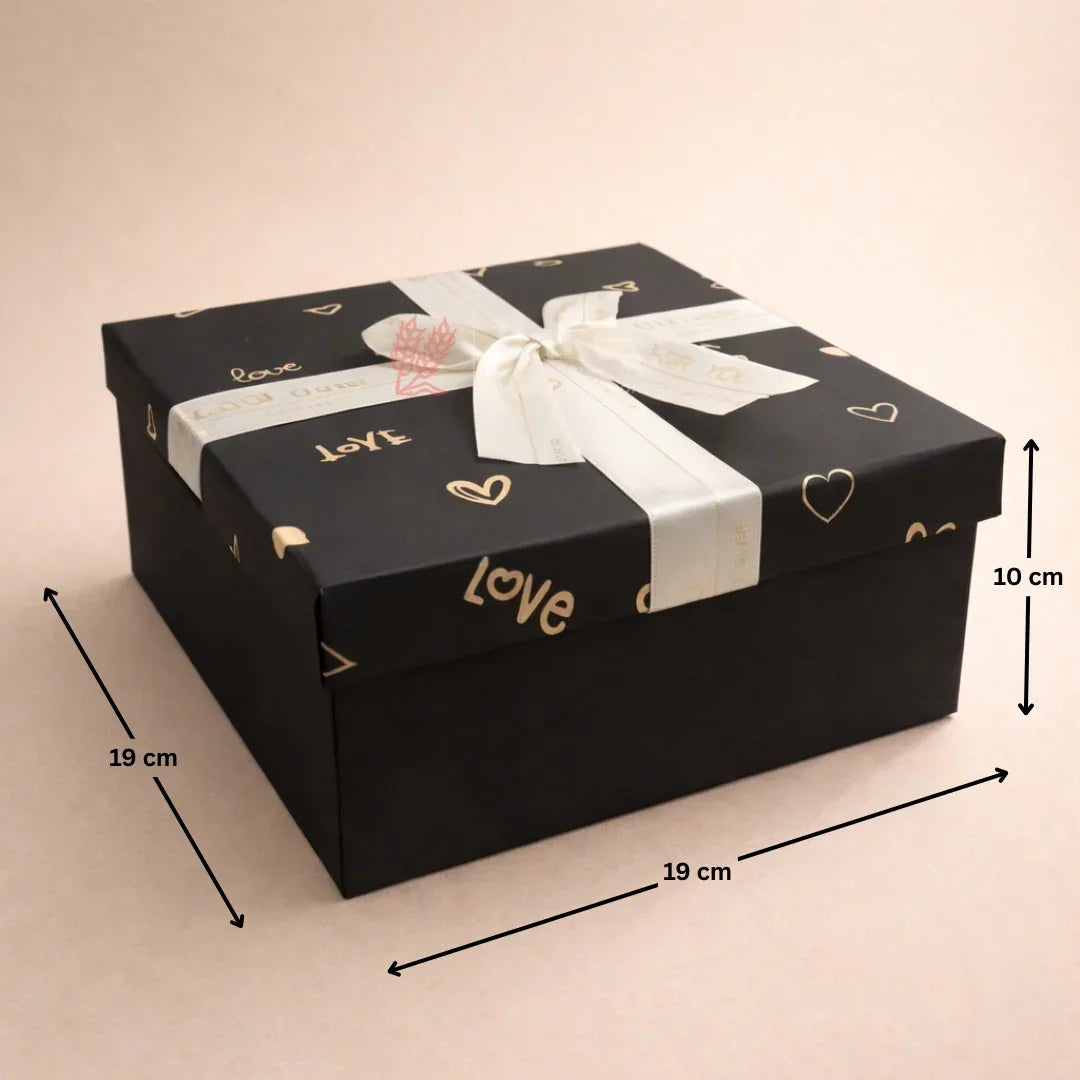 Premium Rigid Gift Box with Satin Ribbon | Black Love Print Hamper Box for Chocolates & Gifting | 3 Sizes Available | pack of 1