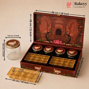 A decorative wooden gift box set shown open with dimension callouts. The set includes a large rectangular box with floral artwork on the exterior and interior, four small round jars with lids, and two gold-toned tray compartments.